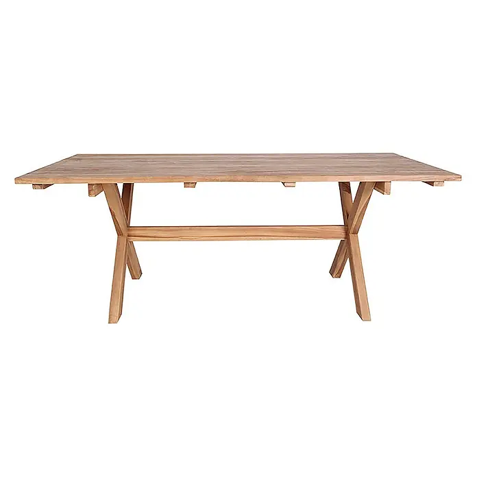 Ebuy24 Gartentisch Muline - L x B x H: 200 x 90 x 75 cm, Ø x H: 90 x 75 cm, Recyceltes Teakholz massiv, Sonstige, Braun - Rechteckiger hellbrauner Esstisch aus Holz mit X-förmigen Beinen und einer Querstrebe.