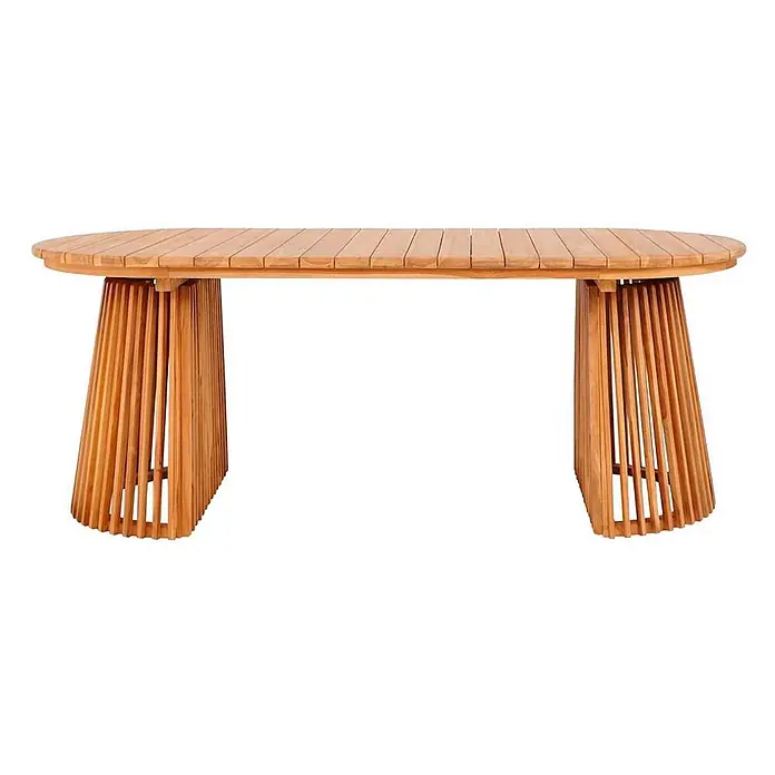 Ebuy24 Gartentisch Björk - L x B x H: 200 x 90 x 75 cm, Ø x H: 200 x 75 cm, Teak, Sonstige, Natur - Ovaler Lamellen-Holztisch mit einzigartigen, verjüngten Lamellenbeinen. Helle Holzoberfläche, ideal für Ess- oder Außenbereiche.
