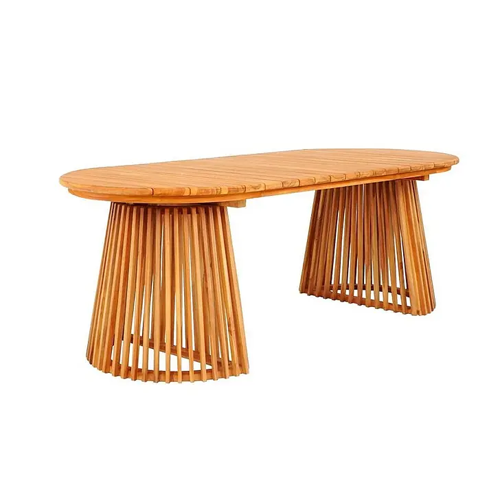 Ebuy24 Gartentisch Björk - L x B x H: 200 x 90 x 75 cm, Ø x H: 200 x 75 cm, Teak, Sonstige, Natur - Ovaler Esstisch aus Holz für den Außenbereich mit Lattenplatte und zwei spitz zulaufenden Lattenfußgestellen.