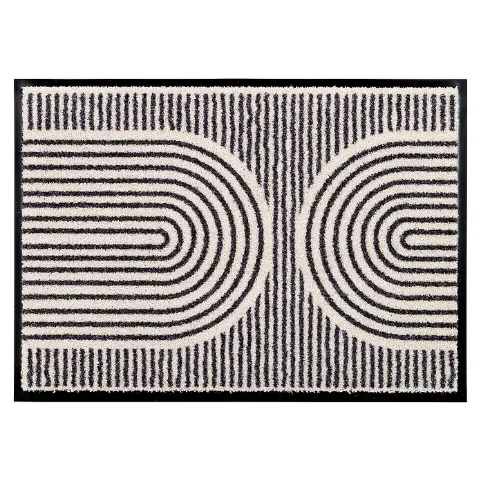Fußmatte Bellevue - 100 x 67 cm, Creme, Material Nutzschicht: 100 % Polyamid, Semi-Circles - Schwarz-weiße gestreifte Matte mit geometrischem Bogenmuster.