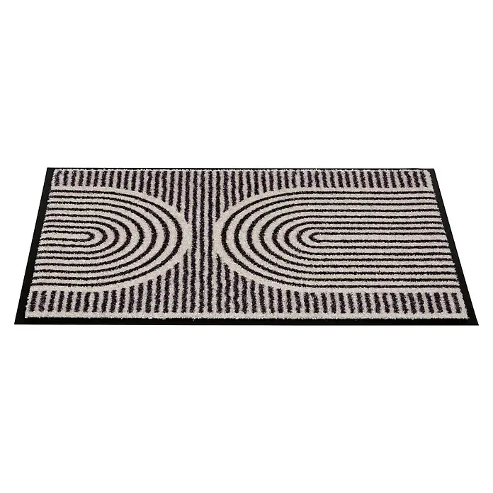 Fußmatte Bellevue - 100 x 67 cm, Creme, Material Nutzschicht: 100 % Polyamid, Semi-Circles - Rechteckiger schwarz-weiß gemusterter Teppich mit schwarzem Rand, geometrischen Streifen und geschwungenen Formen.