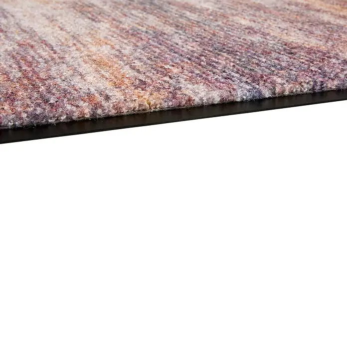 Fußmatte Bellevue - 70 x 50 cm, Bunt, Material Nutzschicht: 100 % Polyamid, Streifen - Nahaufnahme eines mehrfarbigen strukturierten Teppichs in Lila-, Orange- und Beigetönen mit schwarzer Kante.