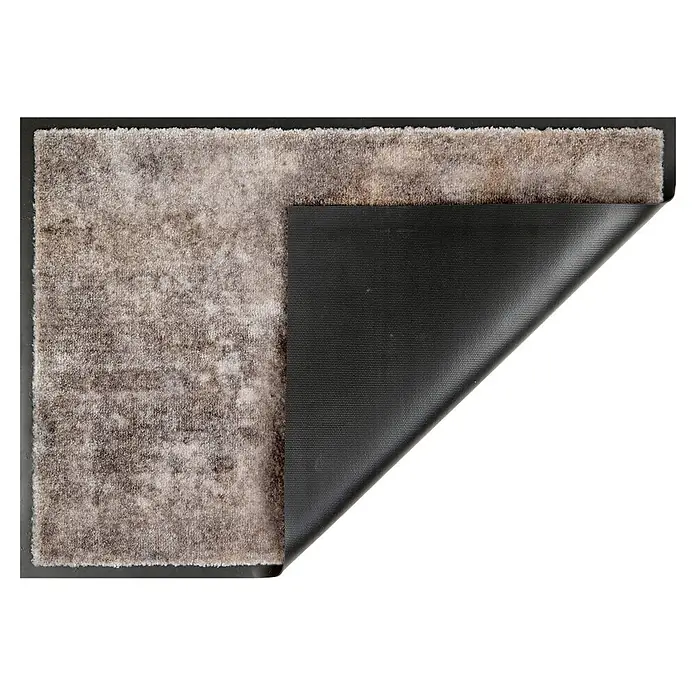 Fußmatte Miami - 100 x 67 cm, Grau, Material Nutzschicht: 100 % Polyamid, Beton - Hellgrauer, strukturierter Teppich mit schwarzer Anti-Rutsch-Rückseite, hochgeklappt gezeigt.