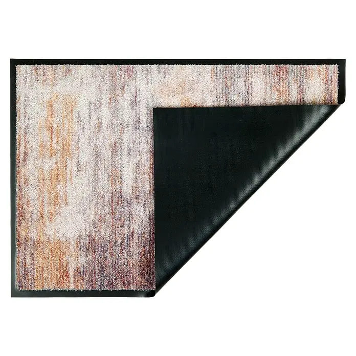 Fußmatte Bellevue - 70 x 50 cm, Bunt, Material Nutzschicht: 100 % Polyamid, Streifen - Rechteckiger Teppich mit hellem, strukturiertem, mehrfarbigem Flor (Beige, Braun, Lila) und schwarzer Anti-Rutsch-Rückseite, eine Ecke hochgerollt.