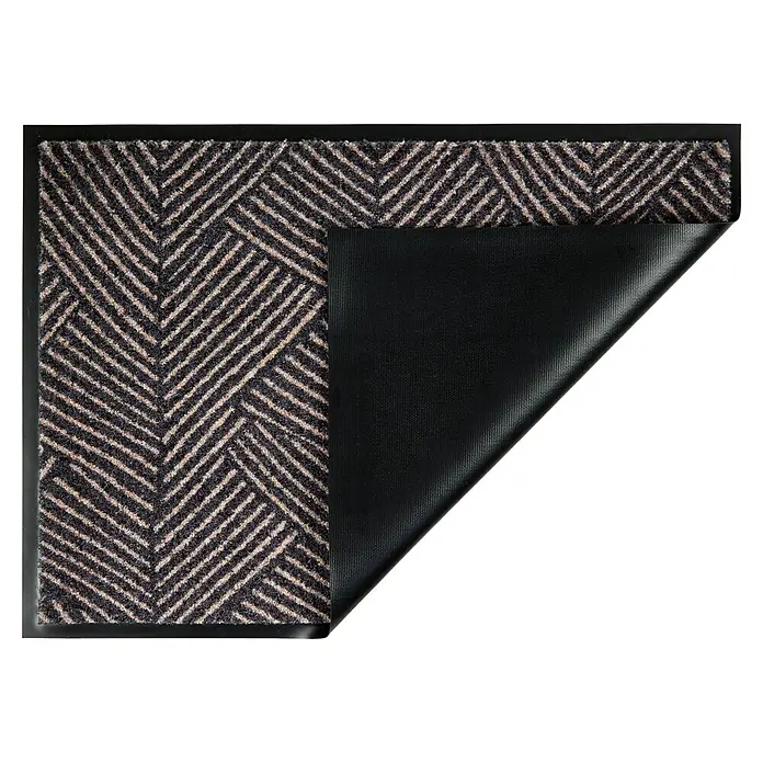Fußmatte Bellevue - 70 x 50 cm, Anthrazit, Material Nutzschicht: 100 % Polyamid, Striche - Schwarz-beiger Fußabtreter mit Fischgrätmuster, eine Ecke zeigt die schwarze Gummirückseite.