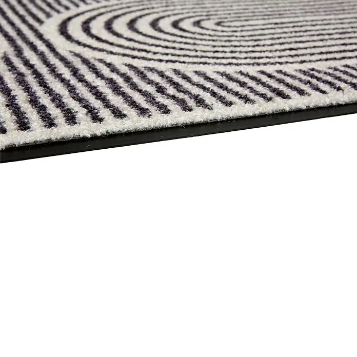 Fußmatte Bellevue - 100 x 67 cm, Creme, Material Nutzschicht: 100 % Polyamid, Semi-Circles - Nahaufnahme einer schwarz-weiß gemusterten Fußmatte mit texturierter Oberfläche und schwarzer Gummirückseite.
