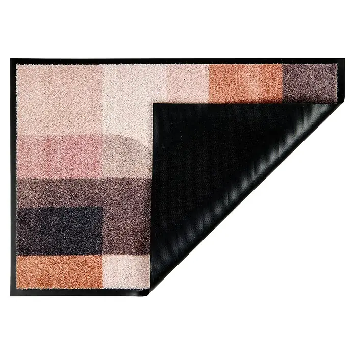 Fußmatte Bellevue - 70 x 50 cm, Terra/Rosé, Material Nutzschicht: 100 % Polyamid, Grafik - Ein rechteckiger Teppich mit mehrfarbiger, texturierter Oberfläche und schwarzer rutschfester Unterseite, eine Ecke ist hochgehoben.