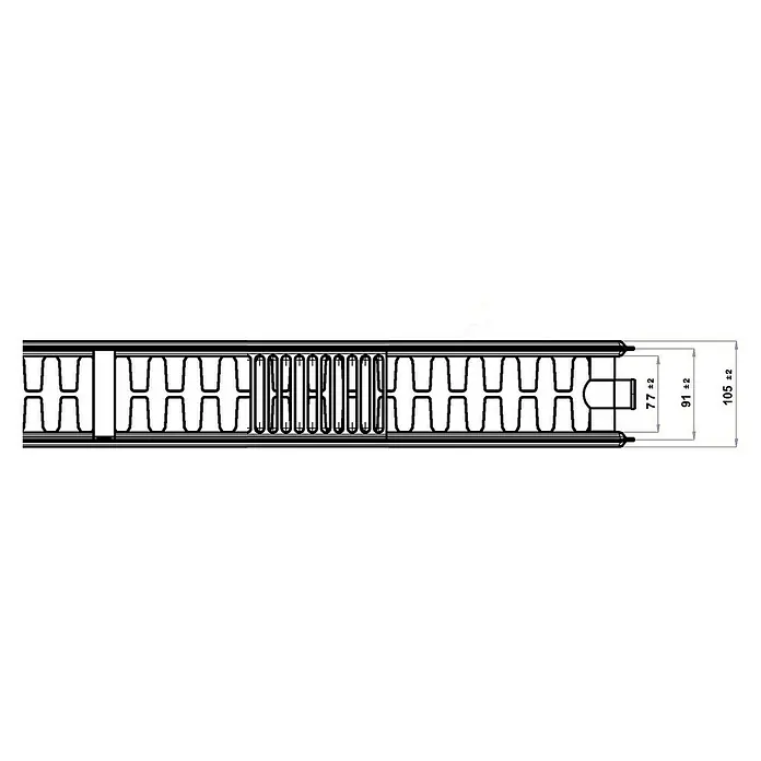 Flachheizkörper - B x H: 500 x 900 mm, Wärmeleistung bei Vorlauftemperatur von 75 °C (D: 50): 1.142 W, Typ Heizkörper: 22 - Querschnitt eines Paneels mit den Maßen 77 ±2, 91 ±2 und 105 ±2 mm.