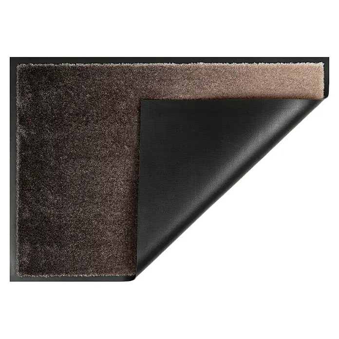 Fußmatte Miami - 70 x 50 cm, Beige, Material Nutzschicht: 100 % Polyamid, Verlauf - Dunkelbrauner, hochfloriger Teppich, dessen Ecke hochgeklappt ist und seine beigefarbene Unterseite und schwarze Anti-Rutsch-Beschichtung zeigt.