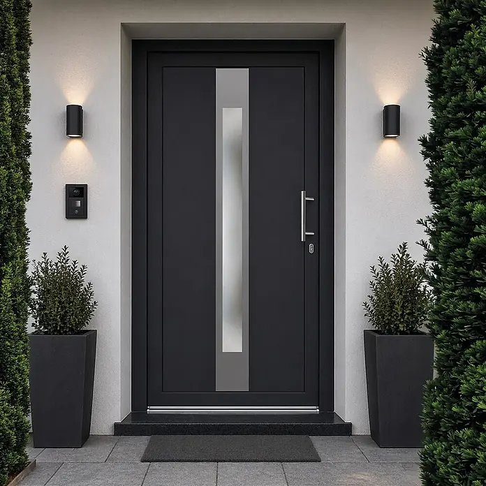 Solid Elements Haustür KF-03 - 110 x 210 cm, DIN Anschlag: Rechts, Anthrazit/Weiß - Eine moderne schwarze Haustür mit vertikalem Milchglaseinsatz und gebürstetem Metallgriff, in einem zeitgenössischen Hauseingang mit Pflanzen und Lichtern.