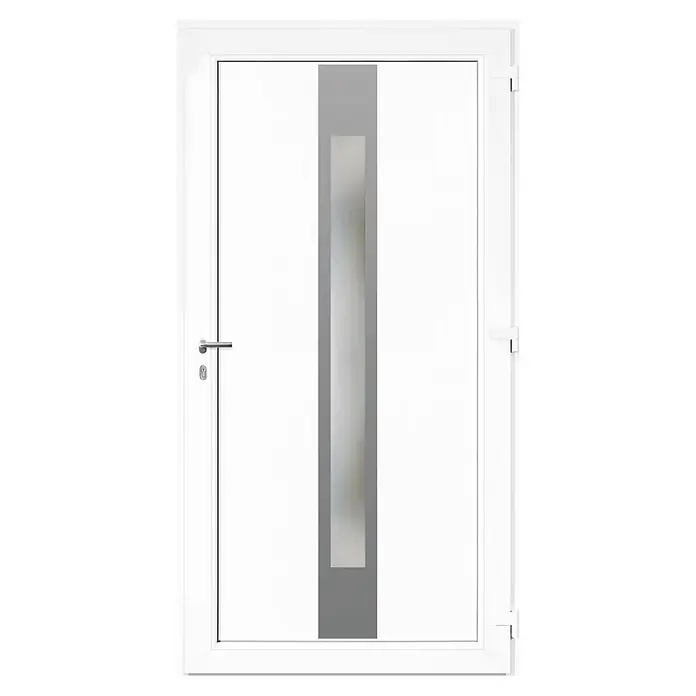 Solid Elements Haustür KF-03 - 110 x 210 cm, DIN Anschlag: Rechts, Anthrazit/Weiß - Weiße moderne Haustür mit vertikaler Milchglasscheibe und Chromgriff.