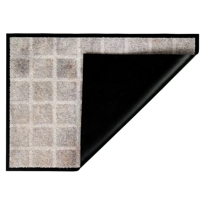 Fußmatte Bellevue - 100 x 67 cm, Hellgrau, Material Nutzschicht: 100 % Polyamid, Karo - Helle Fußmatte mit Karomuster, schwarzem Rand, zeigt die texturierte schwarze Unterseite.
