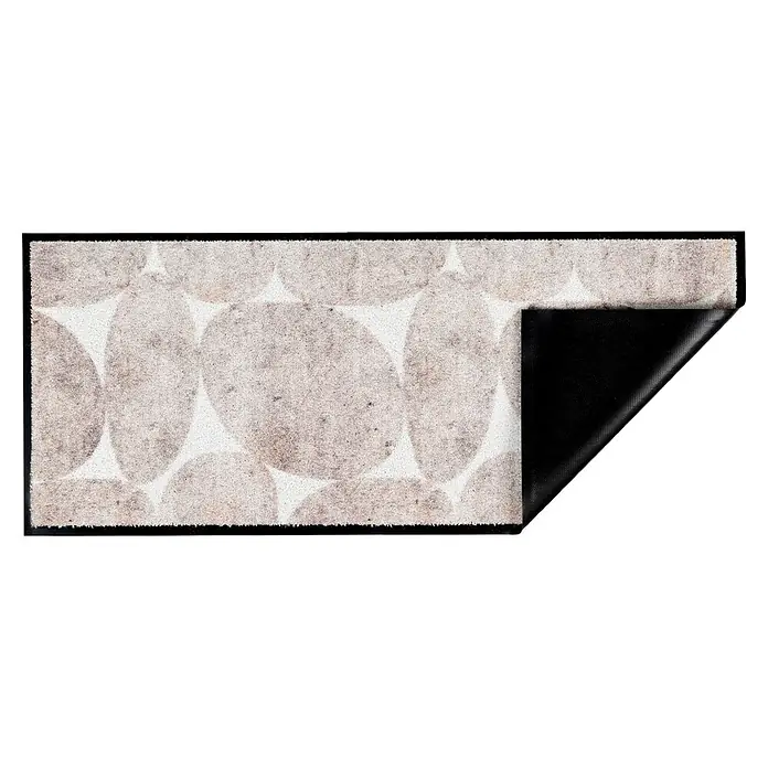 Fußmatte Miami - 150 x 67 cm, Beige, Material Nutzschicht: 100 % Polyamid, Steine - Rechteckige Fußmatte mit grau-weißem Kieselsteinmuster, eine Ecke zeigt die schwarze Antirutsch-Unterseite.