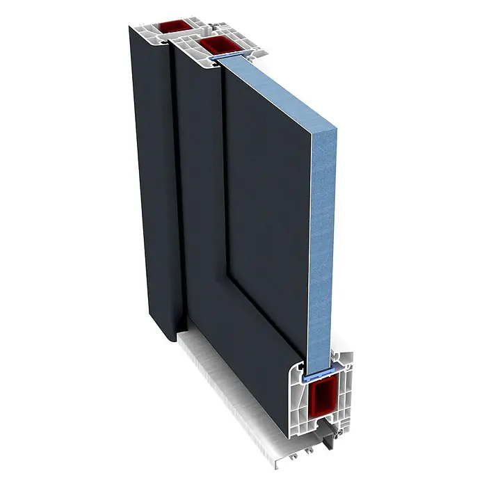 Solid Elements Haustür KF-03 - 110 x 210 cm, DIN Anschlag: Links, Anthrazit/Weiß - Weißes PVC-Fensterprofil im Querschnitt mit dunkelgrauer Isolierverglasung und roter Verstärkung.