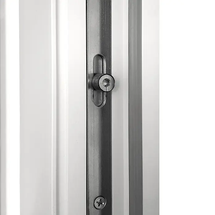 Solid Elements Haustür KF-03 - 110 x 210 cm, DIN Anschlag: Links, Anthrazit/Weiß - Metallischer Fenstersicherheitsbolzen mit Innensechskantantrieb, an weißem Rahmen montiert.