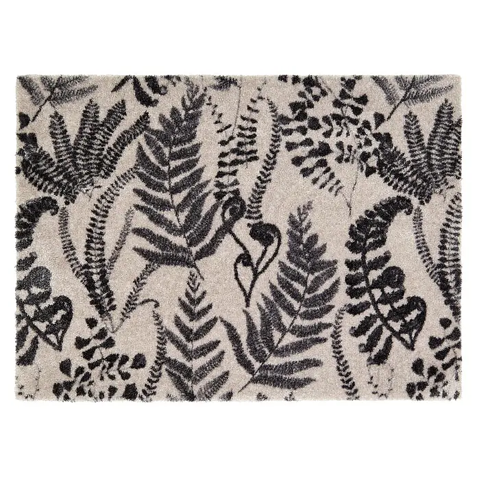 Fußmatte Malibu - 70 x 50 cm, Creme, Material Nutzschicht: 100 % Polyamid, Farn - Rechteckiger heller Teppich mit schwarzen und dunkelgrauen Farn- und Pflanzenmustern.