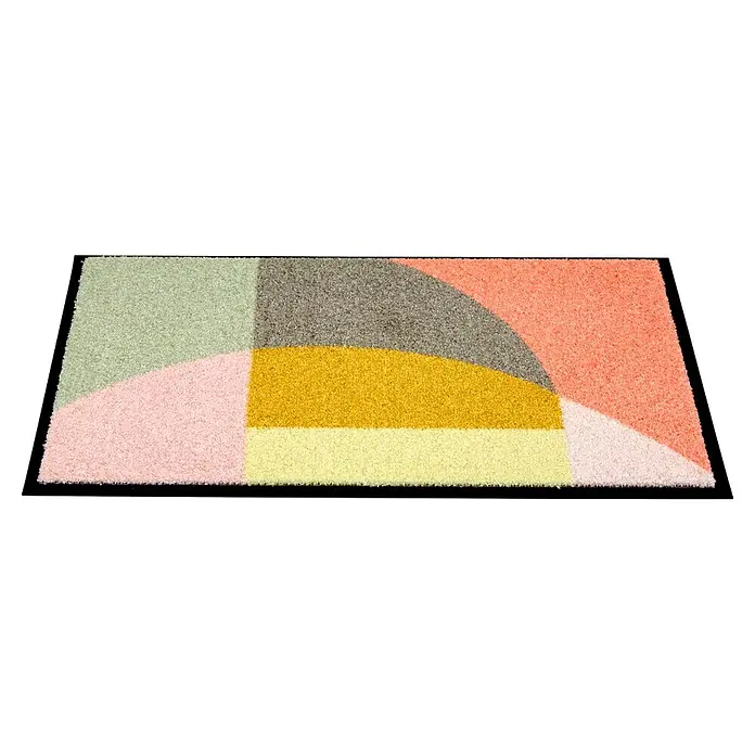 Fußmatte Bellevue - 70 x 50 cm, Bunt, Material Nutzschicht: 100 % Polyamid, Grafik - Geometrisch gemusterter Teppich in Grün, Grau, Gelb, Rosa und Weiß.