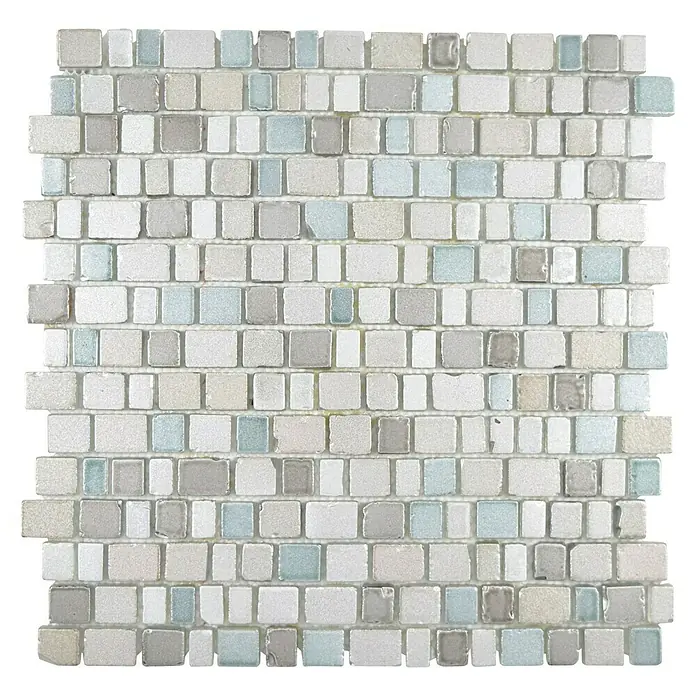 Mosaikfliese Crystaledge XCM GME 22 - 31,7 x 31,1 cm, Grau/Beige, Matt - Nahaufnahme eines Mosaikfliesenmusters mit verschiedenen Grautönen und bläulichen Akzenten, ideal für Wand- oder Bodenbeläge.
