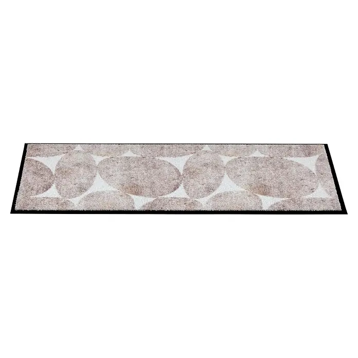 Fußmatte Miami - 150 x 67 cm, Beige, Material Nutzschicht: 100 % Polyamid, Steine - Rechteckige beige-weiße Fußmatte mit flauschiger Oberfläche, Kreismuster und schwarzem Rand.