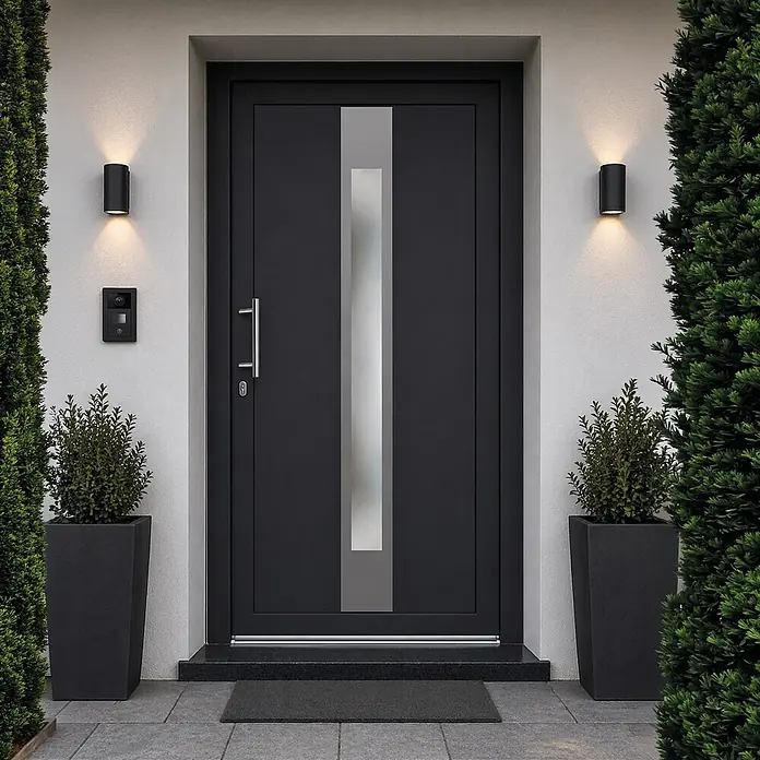 Solid Elements Haustür KF-03 - 110 x 210 cm, DIN Anschlag: Links, Anthrazit/Weiß - Moderne schwarze Haustür mit vertikalem Milchglaseinsatz und Edelstahlgriff, installiert in einem zeitgenössischen Hauseingang.
