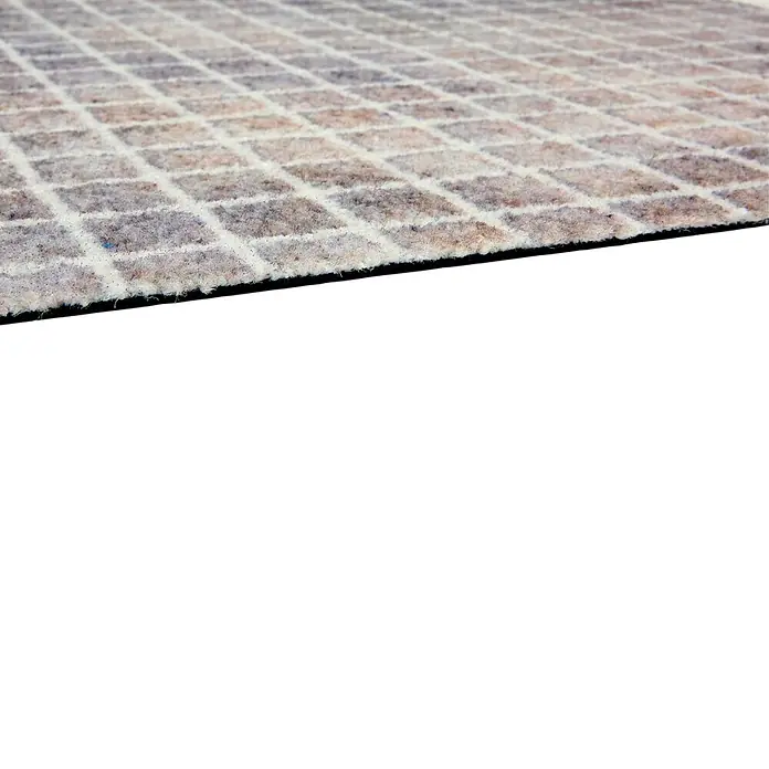 Fußmatte Orlando - 100 x 67 cm, Beige, Material Nutzschicht: 100 % Polyamid, Karo - Texturierte Matte mit meliertem, ziegelartigem Muster in Braun- und Grautönen, schräge Ansicht der Faserstruktur.