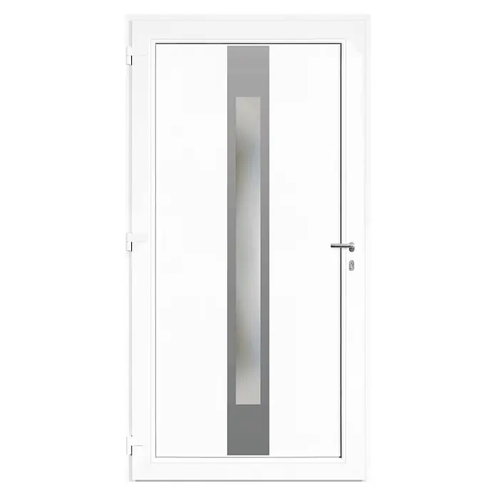Solid Elements Haustür KF-03 - 110 x 210 cm, DIN Anschlag: Links, Anthrazit/Weiß - Weiße moderne Eingangstür mit vertikaler Milchglasscheibe, silbernem Griff und Schlüsselloch.