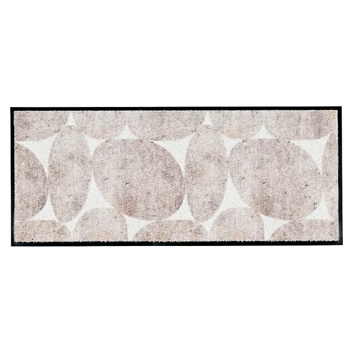 Fußmatte Miami - 150 x 67 cm, Beige, Material Nutzschicht: 100 % Polyamid, Steine - Rechteckige Fußmatte mit hellgrauem, überlappendem Kreismuster auf weißem Grund und schwarzem Rand.