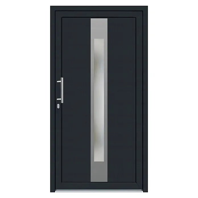 Solid Elements Haustür KF-03 - 110 x 210 cm, DIN Anschlag: Links, Anthrazit/Weiß - Dunkelgraue Eingangstür mit strukturierter Oberfläche, vertikaler Mattglasscheibe und Edelstahl-Stangengriff.