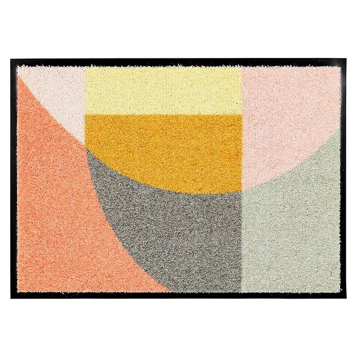 Fußmatte Bellevue - 70 x 50 cm, Bunt, Material Nutzschicht: 100 % Polyamid, Grafik - Texturierte, geometrische abstrakte Fußmatte in mehreren Farben: Rosa, Gelb, Gold, Orange, Grau, Grün, mit schwarzem Rand.
