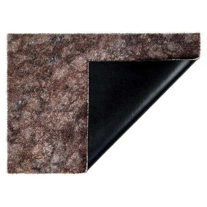 Fußmatte Orlando - 70 x 50 cm, Braun, Material Nutzschicht: 100 % Polyamid, Stone - Eine braunmeliert Matte mit umgeklappter Ecke, die eine schwarze rutschfeste Unterseite zeigt.