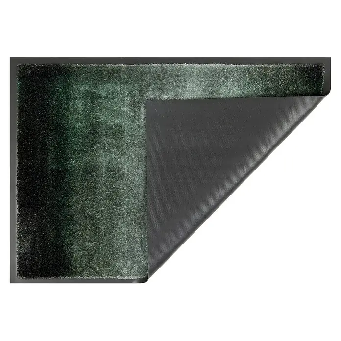 Fußmatte Miami - 100 x 67 cm, Waldgrün, Material Nutzschicht: 100 % Polyamid, Verlauf - Grüner, zotteliger Teppich, dessen Ecke die dunkelgraue, texturierte Anti-Rutsch-Rückseite zeigt.