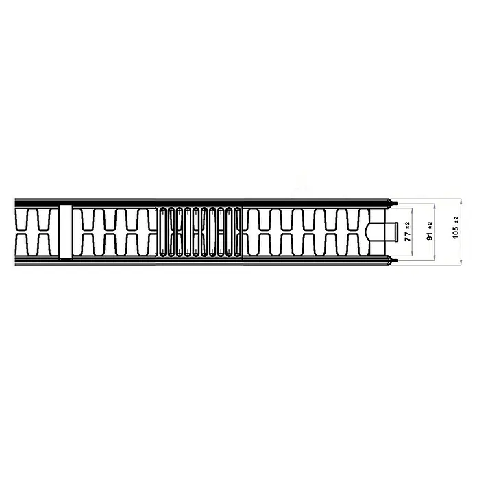Planheizkörper - B x H: 1.600 x 300 mm, Wärmeleistung bei Vorlauftemperatur von 75 °C (D: 50): 1.441,6 W, Typ Heizkörper: 22 - Technische Zeichnung eines Heizkörpers mit Maßangaben. Robustes Design für effiziente Wärme, ideal für moderne Wohnräume.