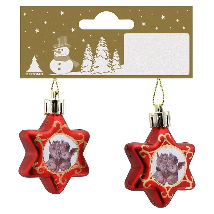 Geroma Christbaumschmuck - Rot, Glas, 2 Stk., 5 x 1 x 4 cm - Zwei rote sternförmige Weihnachtskugeln mit Puttenmotiv, hängen an einer goldfarbenen Geschenkkarte mit Weihnachtsmotiven.