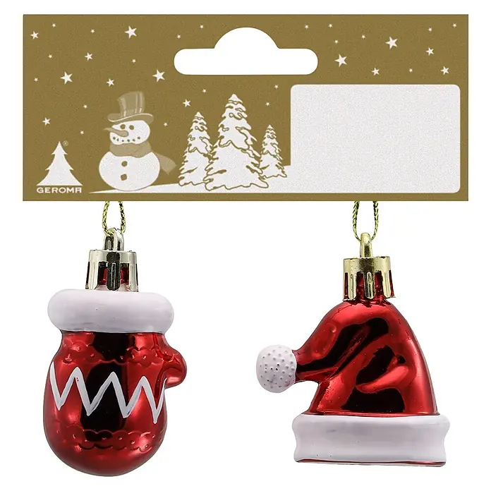Geroma Christbaumschmuck Fäustlinge - Rot, Weiß, 2 Stk., 3,5 x 2 x 5 cm - Zwei rote Weihnachtskugeln (Fäustling, Weihnachtsmütze) hängen an einem goldenen Produktetikett mit Schneemann und Bäumen.