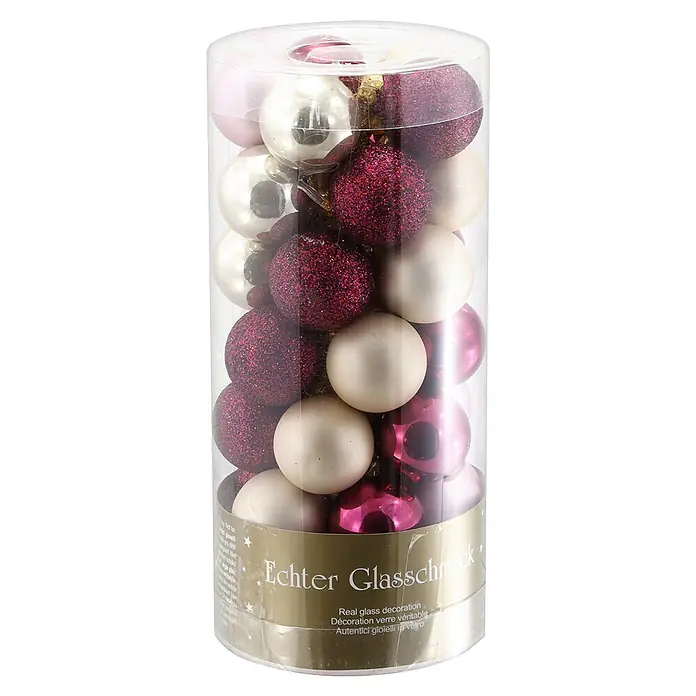 Geroma Christbaumkugel-Set - Beere, Bordeaux, Rosa, Cremeweiß, Glas, 35 Stk. - Eine transparente Röhre mit echten gläsernen Weihnachtsbaumkugeln in Pink, Magenta und Weiß, mit Glitzer-, Glanz- und Matt-Oberflächen.