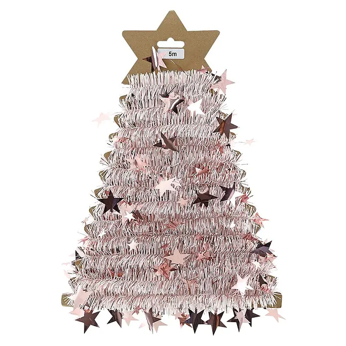 Geroma Weihnachtsgirlande - Länge: 5 m, Rosa, Kunststoff - Weiß-roségoldene Lamettagirlande in Tannenbaumform mit Metallsternen und '5m'-Etikett.