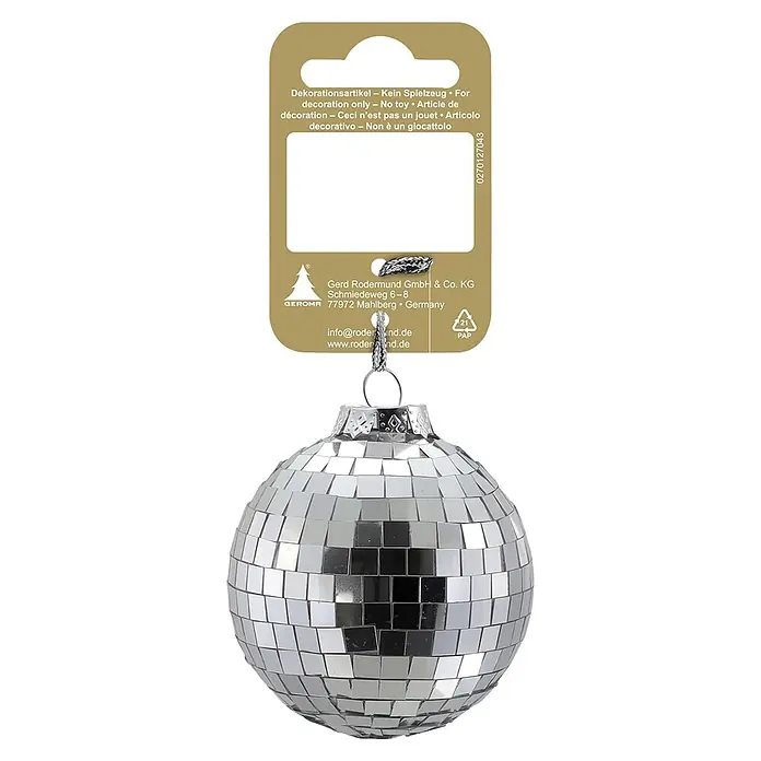 Christbaumschmuck Stern aus Plüsch - Silber, Kunststoff, 1 Stk., Durchmesser: 14 cm - Ein silberner Spiegelkugel-Ornament mit angehängtem Produktinformationsetikett.