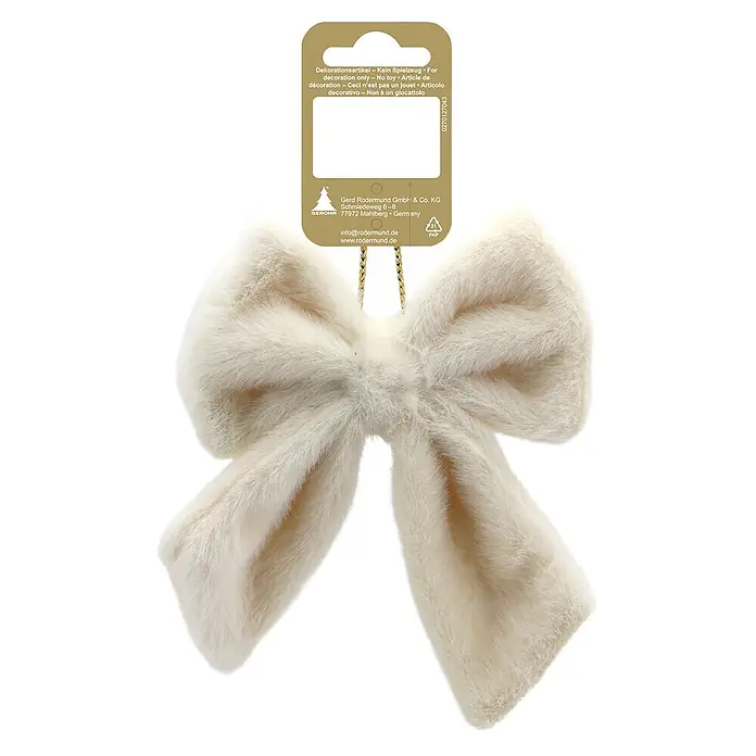 Christbaumschmuck Schleife aus Plüsch - Beige, Textil, 1 Stk., B x H: 13 x 15 cm - Weiße flauschige Schleifendekoration mit goldener Aufhängeschnur.