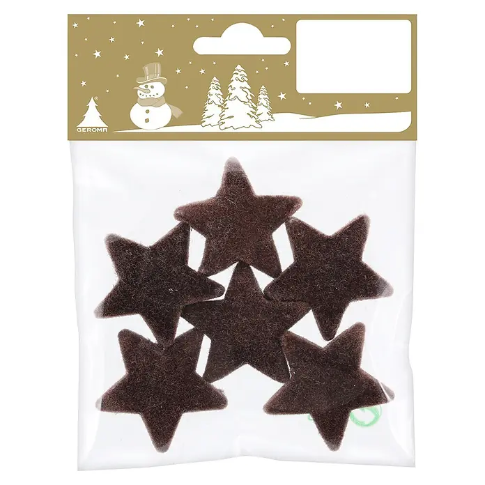 Tischdeko Sterne - Durchmesser: 4 cm, Dunkelbraun, 6 Stk. - Sechs braune flauschige Sternendekorationen in klarer Plastikverpackung.
