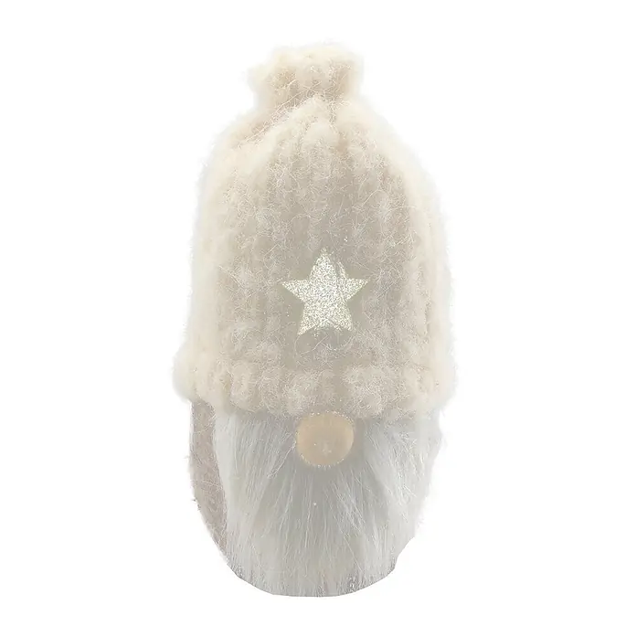 Dekofigur Wichtel - Textil, 14 cm - Ein flauschiger weißer Weihnachtswichtel mit strukturiertem Hut, glitzerndem Stern und runder Nase.