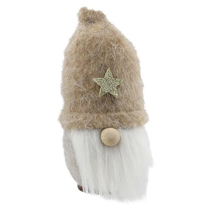 Dekofigur Wichtel - Textil, 14 cm - Weihnachtsgartenzwerg mit beiger Fellmütze, Glitzerstern, weißem Bart und Holznase.