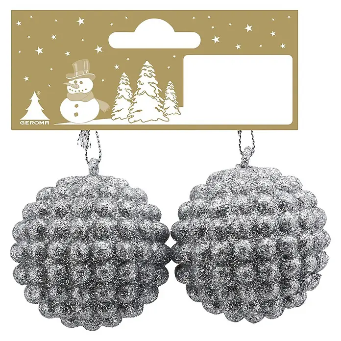 Geroma Christbaumschmuck Perlen-Design - Silber, Kunststoff, 2 Stk. - Zwei kugelförmige, silberne Glitzer-Weihnachtskugeln mit Noppenstruktur, präsentiert an einem festlichen Aufhänger.
