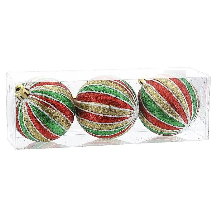 Geroma Weihnachtskugeln - Rot, Grün, Gold, Kunststoff, Durchmesser: 7 cm, 3 Stk. - Drei glitzernde rot, grün, gold gestreifte Weihnachtskugeln in einer transparenten Kunststoffbox.