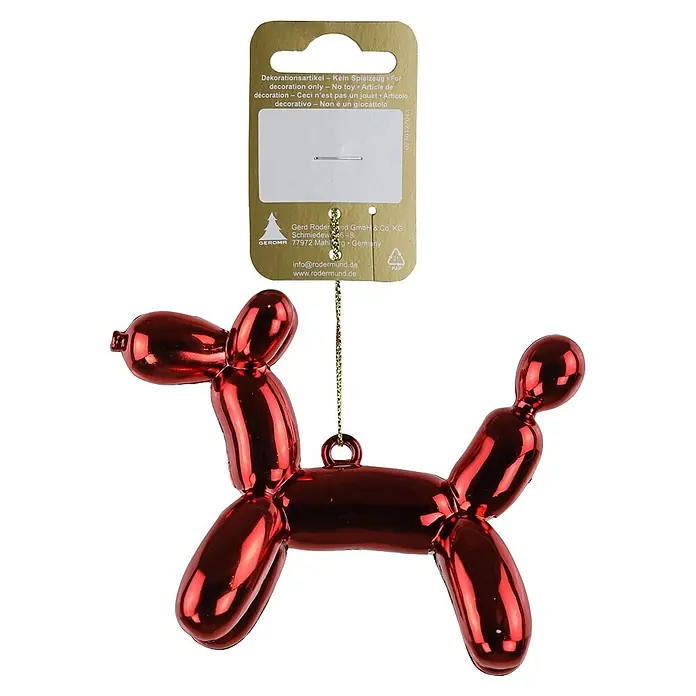 Geroma Christbaumschmuck Ballonhund - Rot, Kunststoff, 1 Stk., 11,5 x 9 x 5 cm - Ein glänzender roter Ballonhund-Anhänger hängt an einer Schnur.