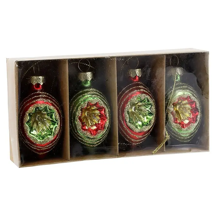 Geroma Christbaumkugel-Set - Rot, Grün, Glas, 4 Stk. - Vier rote und grüne Weihnachtskugeln aus Glas mit Glitzerdetails in einer durchsichtigen Box.