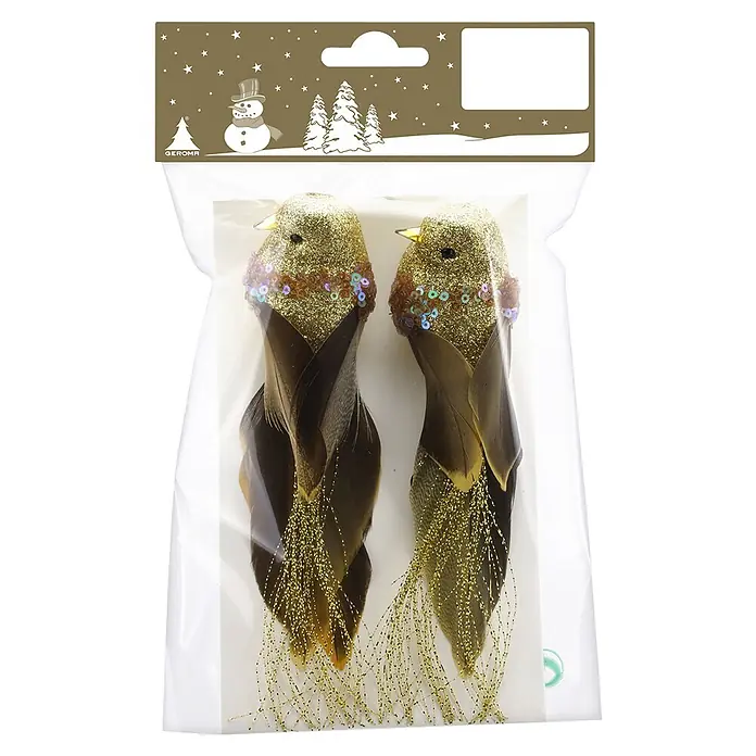 Deko-Anhänger Vogel - Kunststoff, Gold, 2 Stk. - Zwei goldglitzernde Vögel mit braunen Federn, schillernden Pailletten und Lamettaschwänzen, verpackt zur Dekoration.