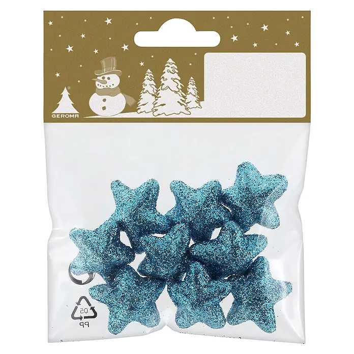 Deko-Anhänger Sterne - Stern, Durchmesser: 3 cm, 9 Stk. - Blaue Glitzersterne in einer transparenten Plastiktüte mit festlichem Header.