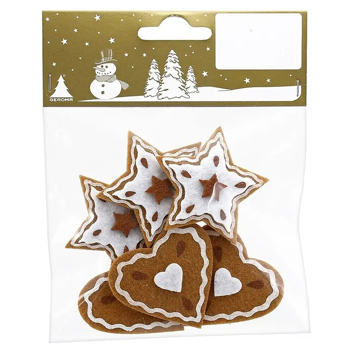 Deko-Anhänger Herz/Stern - 6 Stk., Material: Filz - Lebkuchen-artige Filzdekorationen: braune Sterne und Herzen mit weißem „Zuckerguss“, im Klarsichtbeutel mit grünem Weihnachts-Header.