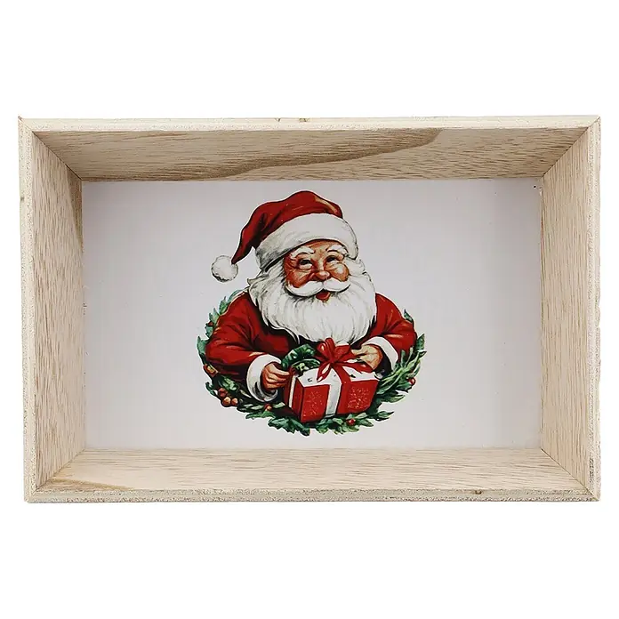 Deko-Tablett Weihnachts-Deko-Tablett - L x B x H: 18 x 12 x 4 cm, Holz - Helle Holzdeko-Box mit Vintage-Weihnachtsmann-Illustration, der ein Geschenk in einem Kranz hält.