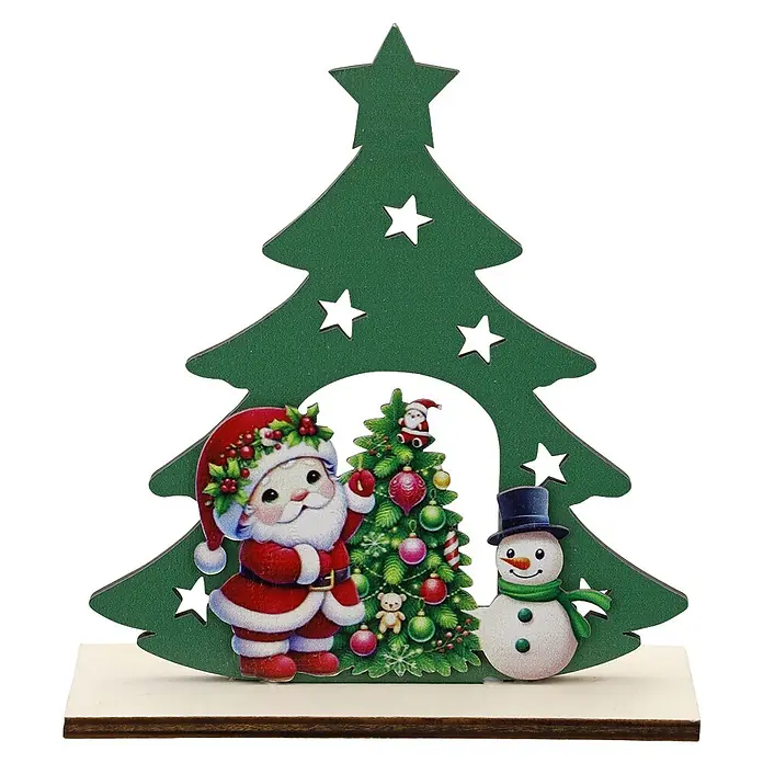 Dekoartikel Holzaufsteller Baum - Höhe: 14 cm, Bunt, Holz - Grüne Weihnachtsbaum-Holzdekoration mit Weihnachtsmann, kleinem Baum und Schneemann.